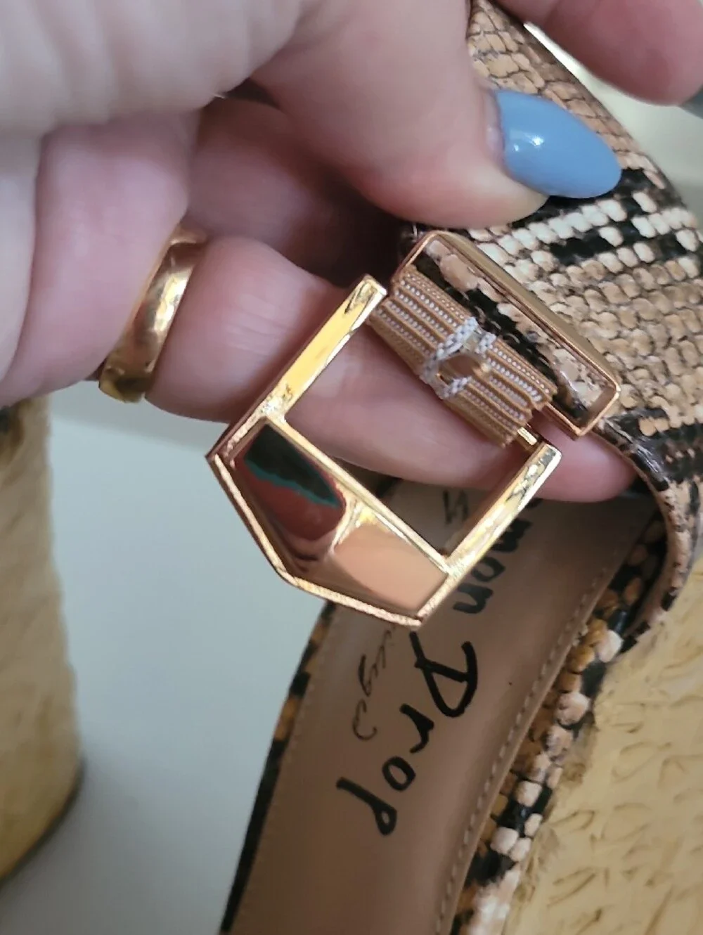 Neutral Snake-Print Platform Wedge Sandals with Gold Buckle Lemon Drop 8.5
